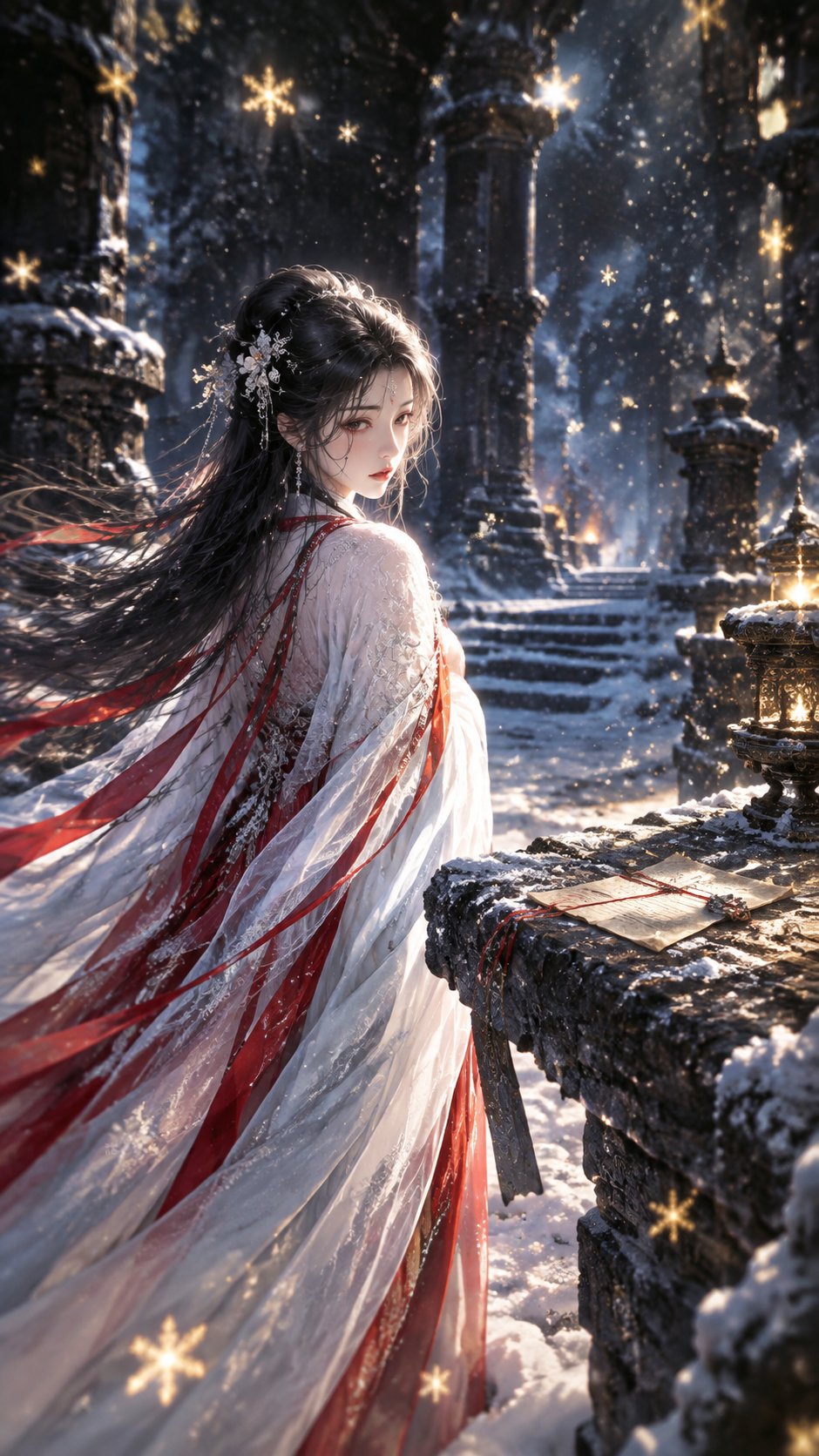 雪夜里立于灯下的女子，石台上放着一封信